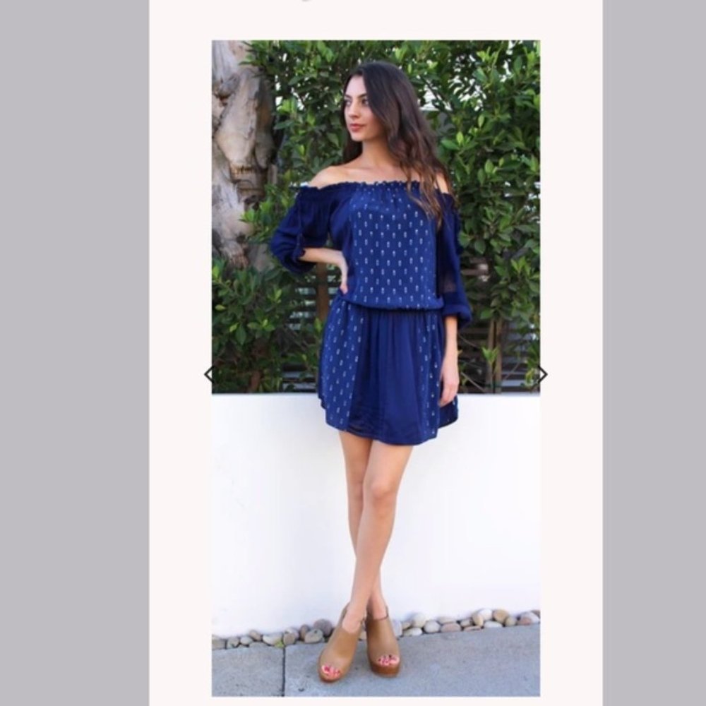 Hale Bob Navy Silk Saige blouson Patchwork Long sleeve dress Size Small